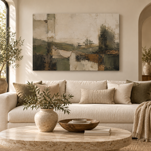 Sage Green Abstract Landscape Wall Art in a styled room