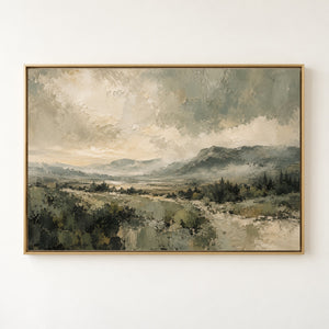Sage Mountain Valley Impasto Landscape Art Print in a floating frame
