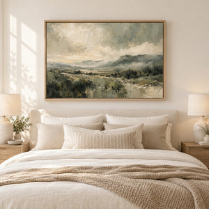 Sage Mountain Valley Impasto Landscape Art Print styled in a living space