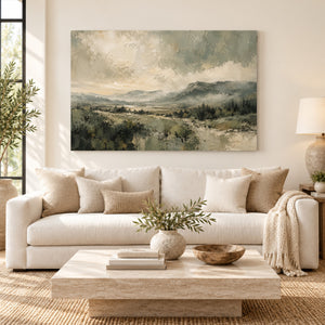 Sage Mountain Valley Impasto Landscape Art Print styled in a living space
