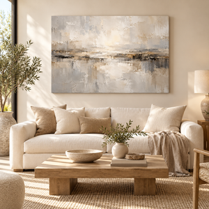 Silver Gray Abstract Lake Wall Art in a styled room