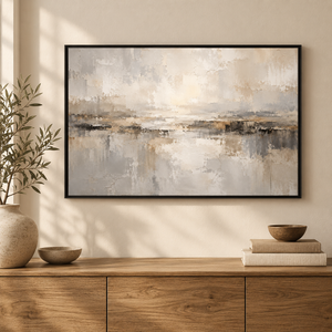 Silver Gray Abstract Lake Wall Art in a styled room
