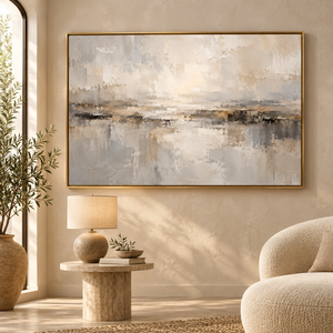 Silver Gray Abstract Lake Wall Art in a styled room