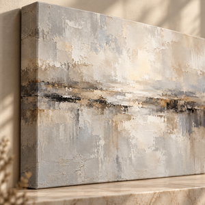 Silver Gray Abstract Lake Wall Art in a styled room