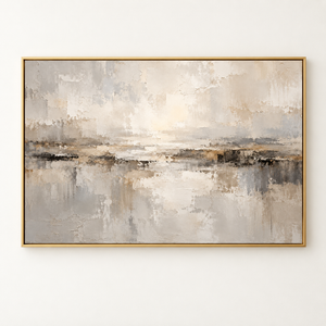 Silver Gray Abstract Lake Wall Art in a styled room