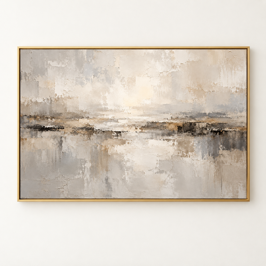 Silver Gray Abstract Lake Wall Art in a styled room