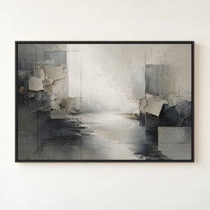 Slate Gray Abstract River Landscape Wall Art in a black floating frame
