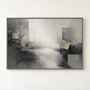 Slate Gray Abstract River Landscape Wall Art in a silver floating frame