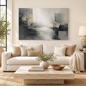 Slate Gray Abstract River Landscape Wall Art styled in a room