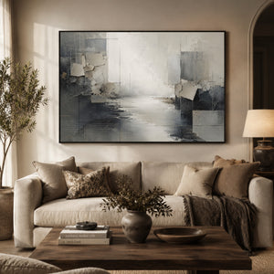 Slate Gray Abstract River Landscape Wall Art styled in a room