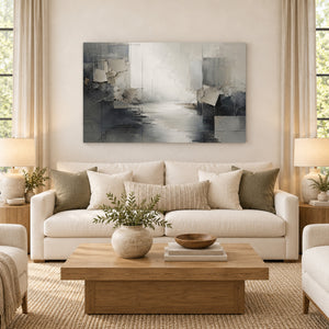 Slate Gray Abstract River Landscape Wall Art styled in a room