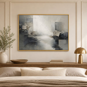 Slate Gray Abstract River Landscape Wall Art styled in a room