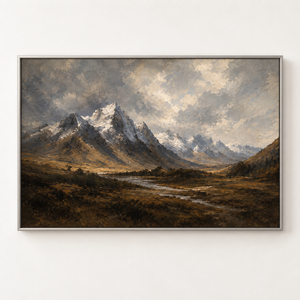 Snowy Mountain Peaks Landscape Art Print in a styled room