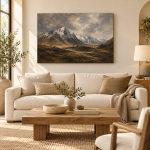 Snowy Mountain Peaks Landscape Art Print in a styled room