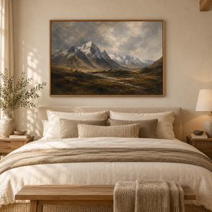 Snowy Mountain Peaks Landscape Art Print in a styled room
