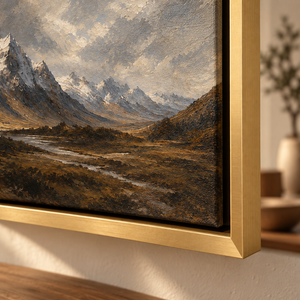 Snowy Mountain Peaks Landscape Art Print in a styled room