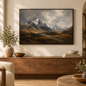 Snowy Mountain Peaks Landscape Art Print in a styled room