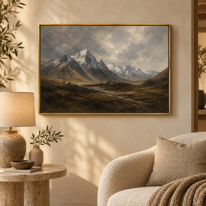 Snowy Mountain Peaks Landscape Art Print in a styled room