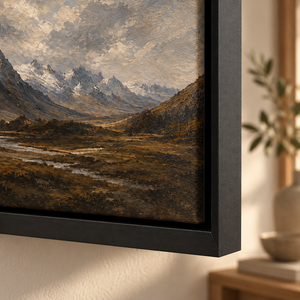 Snowy Mountain Peaks Landscape Art Print in a styled room
