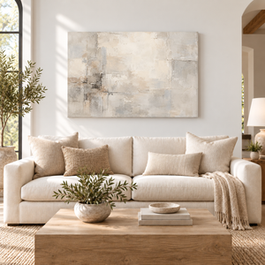 Soft Gray and Cream Textured Abstract Wall Art styled in a living space