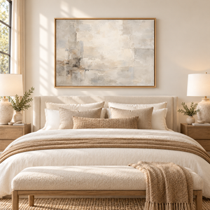Soft Gray and Cream Textured Abstract Wall Art styled in a living space
