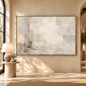 Soft Gray and Cream Textured Abstract Wall Art styled in a living space