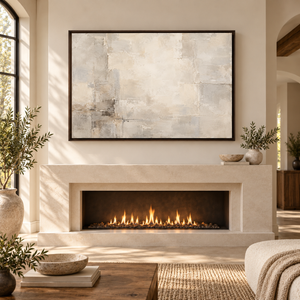 Detail view of Soft Gray and Cream Textured Abstract Wall Art canvas and frame