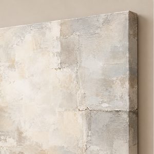 Detail view of Soft Gray and Cream Textured Abstract Wall Art canvas and frame