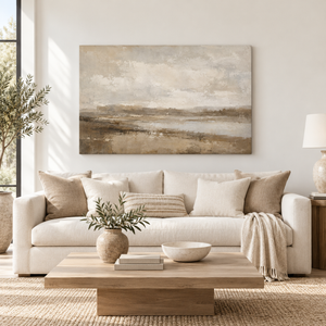 Soft Taupe Lowland Landscape Art Print styled in a living space