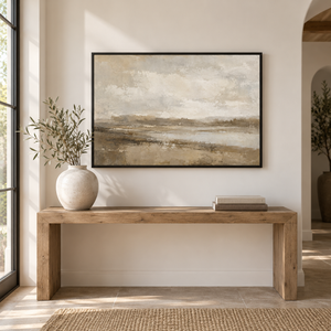 Soft Taupe Lowland Landscape Art Print styled in a living space