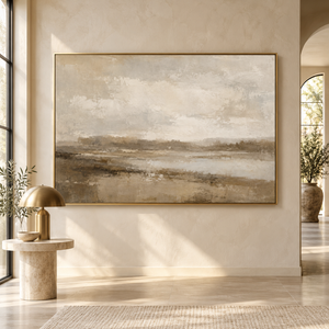 Soft Taupe Lowland Landscape Art Print styled in a living space