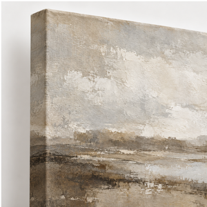 Close up of Soft Taupe Lowland Landscape Art Print canvas texture and frame edge