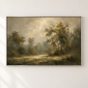 Sunlit Woodland Clearing Art Print in a styled room