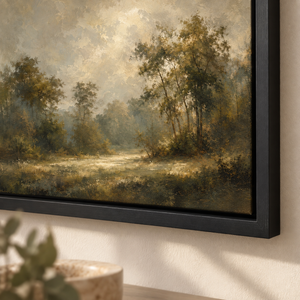 Sunlit Woodland Clearing Art Print in a styled room