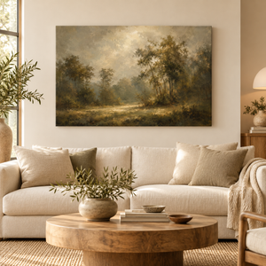 Sunlit Woodland Clearing Art Print in a styled room