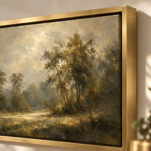 Sunlit Woodland Clearing Art Print in a styled room