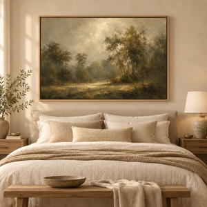 Sunlit Woodland Clearing Art Print in a styled room