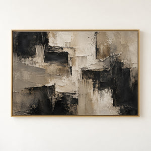 Taupe and Black Layered Abstract Wall Art in a gold floating frame