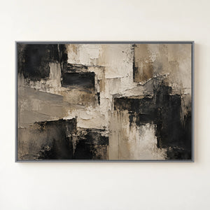 Taupe and Black Layered Abstract Wall Art in a silver floating frame