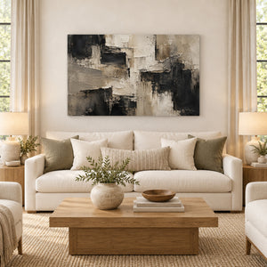 Taupe and Black Layered Abstract Wall Art styled in a room