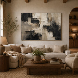 Taupe and Black Layered Abstract Wall Art styled in a room