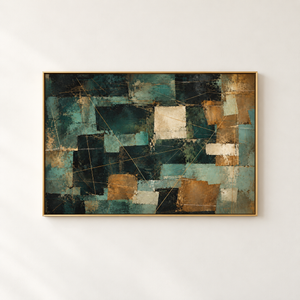 Teal and Copper Patchwork Abstract Wall Art in a floating frame