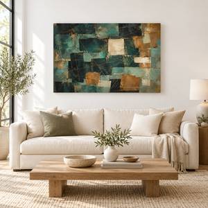Teal and Copper Patchwork Abstract Wall Art styled in a living space