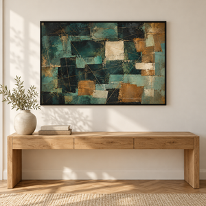 Teal and Copper Patchwork Abstract Wall Art styled in a living space