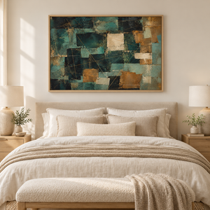 Teal and Copper Patchwork Abstract Wall Art styled in a living space