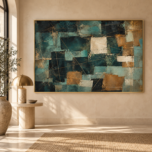 Teal and Copper Patchwork Abstract Wall Art styled in a living space