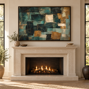 Teal and Copper Patchwork Abstract Wall Art styled in a living space