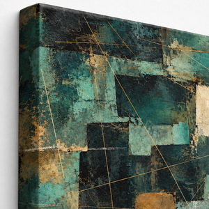 Close up of Teal and Copper Patchwork Abstract Wall Art canvas texture and frame edge