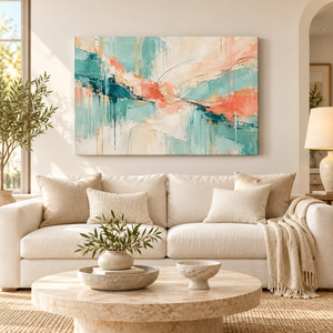 Teal and Coral Abstract Wall Art in a styled room