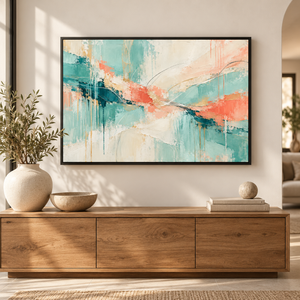Teal and Coral Abstract Wall Art in a styled room